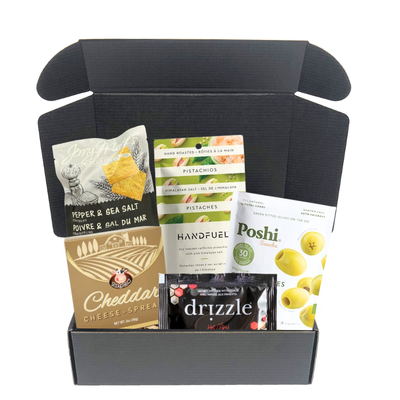 The Savoury Spread gift box with crackers, cheese spread, pistachios, olives and gourmet savoury snacks