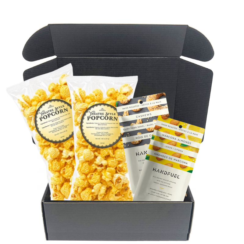 Snack Happy gourmet gift box with theatre-style popcorn, cashews and lemon Marcona almonds

