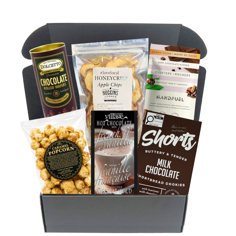 Cozy Cravings hot chocolate gift box with cocoa, caramel popcorn, shortbread cookies, apple chips and chocolate treats