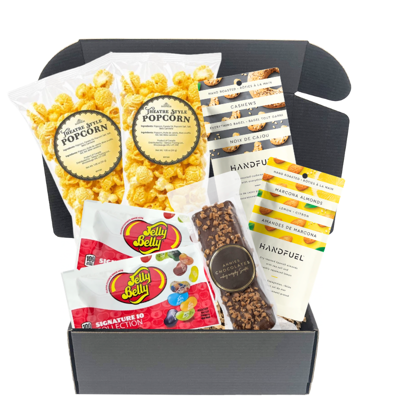 Snack & Share gift box with theatre-style popcorn, chocolate, gourmet cashews, Marcona almonds and jelly beans

