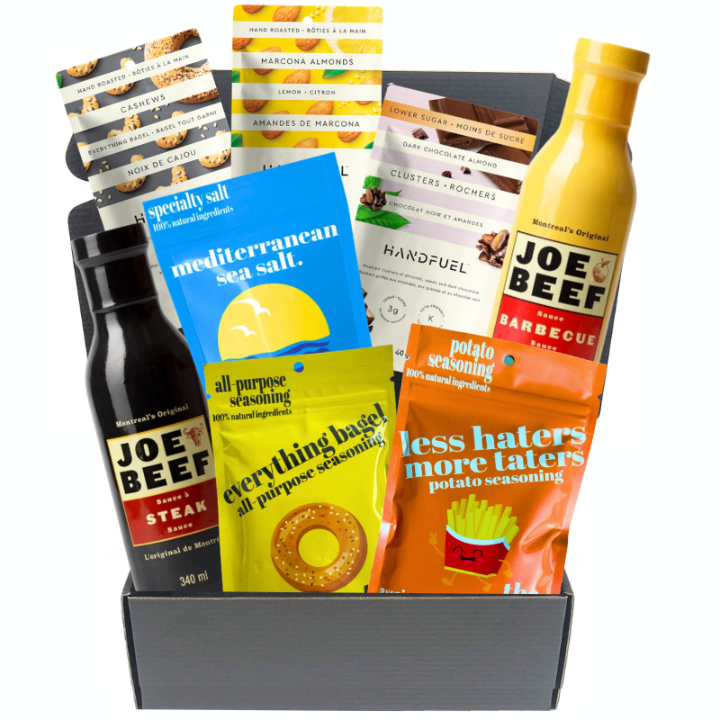 Grill Night BBQ gift box with Joe Beef sauces, gourmet seasonings, Mediterranean sea salt, premium nuts and chocolate clusters

