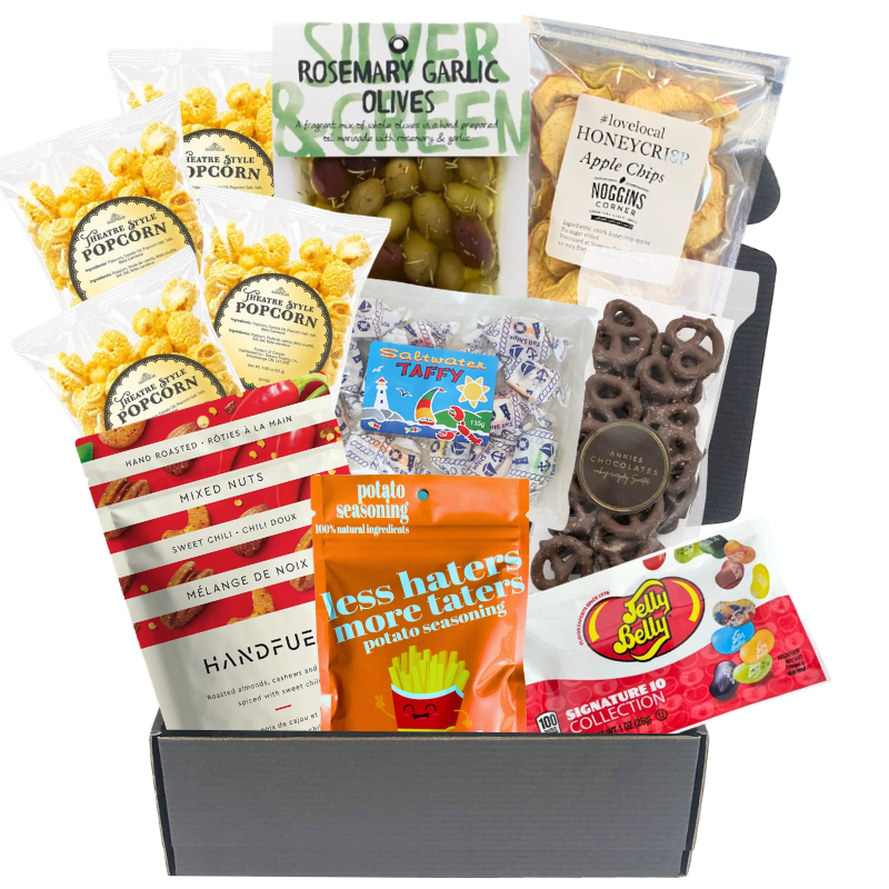 Showtime Snacks movie night gift box with theatre-style popcorn, candy, taffy, pretzels, apple chips, nuts and olives

