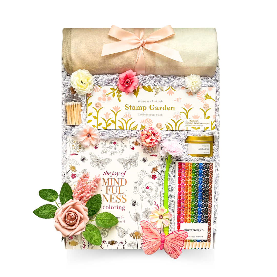 Time for You relaxation gift with a cozy throw, mindfulness colouring book, coloured pencils, candle and creative garden activity, with optional gourmet treats from Black Bow Gift Co.