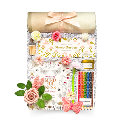 Time for You relaxation gift with a cozy throw, mindfulness colouring book, coloured pencils, candle and creative garden activity, with optional gourmet treats from Black Bow Gift Co.