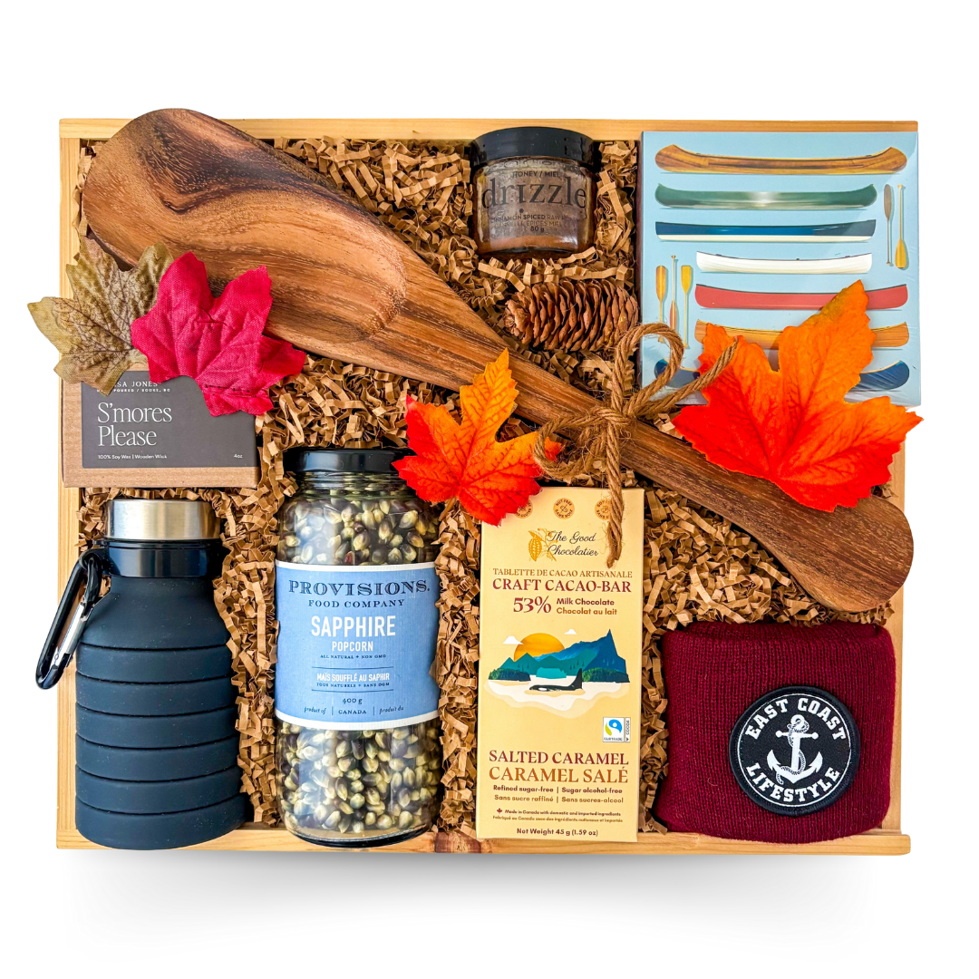 Trailside Treasures fall gift box in a rustic wood box with outdoors-inspired accents.