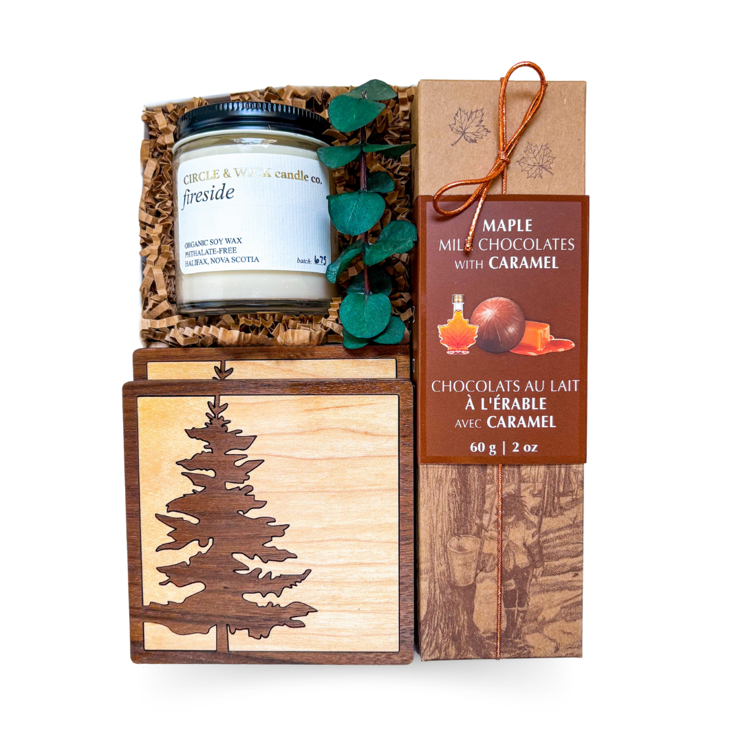 All-Canadian gift box with candle, coasters, and maple treats by Black Bow Gift Co.