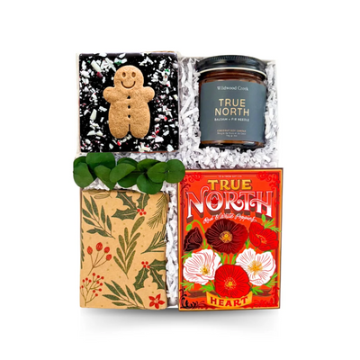 True North Holiday Canadian gift box with chocolate, cookies, poppy seed pack, and True North candle.