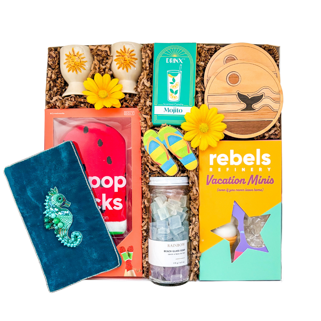 Vacation Mode summer gift box with vacation treats and playful accessories by Black Bow Gift Co.
