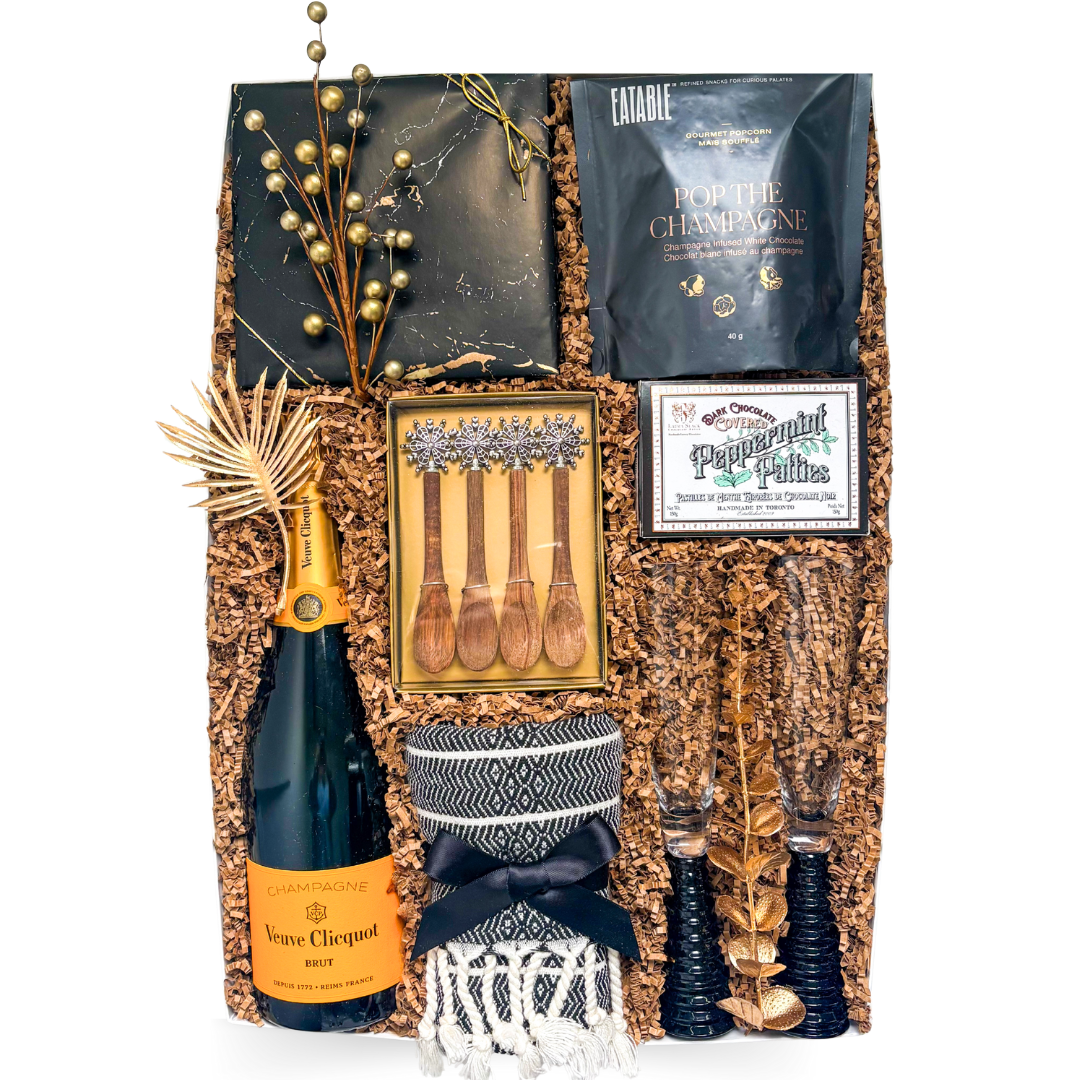 Veuve Celebration Box luxury champagne gift box with Veuve, elegant flutes and gourmet treats in an XL black ribbon gift box by Black Bow Gift Co.
