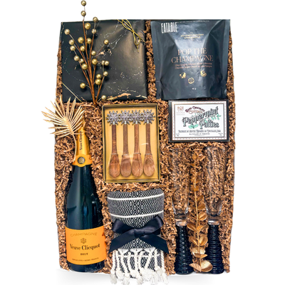 Veuve Celebration Box luxury champagne gift box with Veuve, elegant flutes and gourmet treats in an XL black ribbon gift box by Black Bow Gift Co.