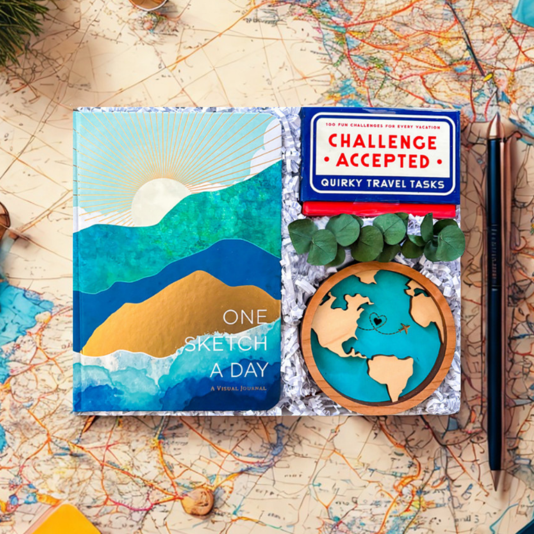 Two books titled 'One Sketch a Day' and 'Challenge Accepted' on a map background