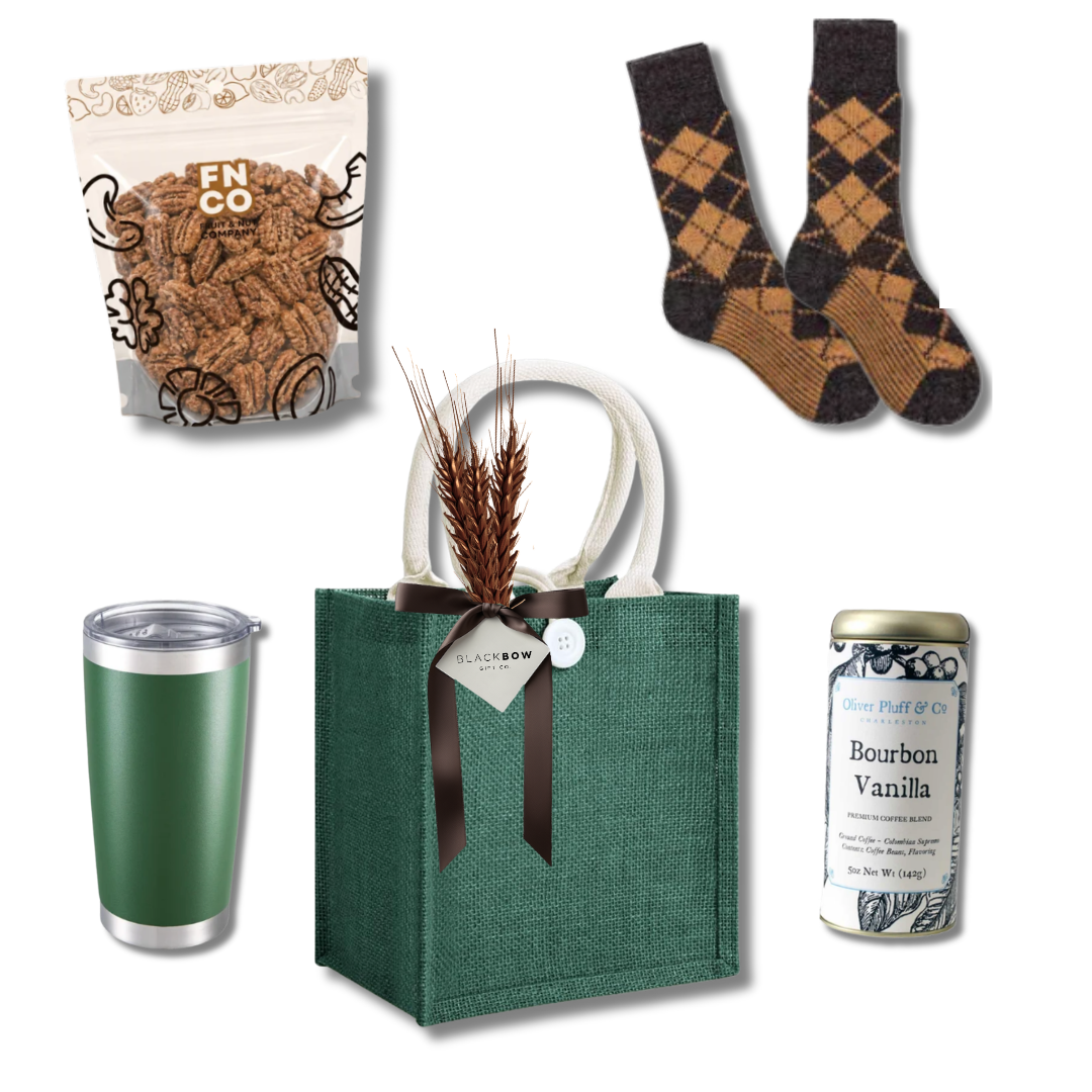 Warm & Toasty gift with green insulated tumbler, patterned socks, vanilla Bourbon Coffee, candied pecans and reusable green tote.