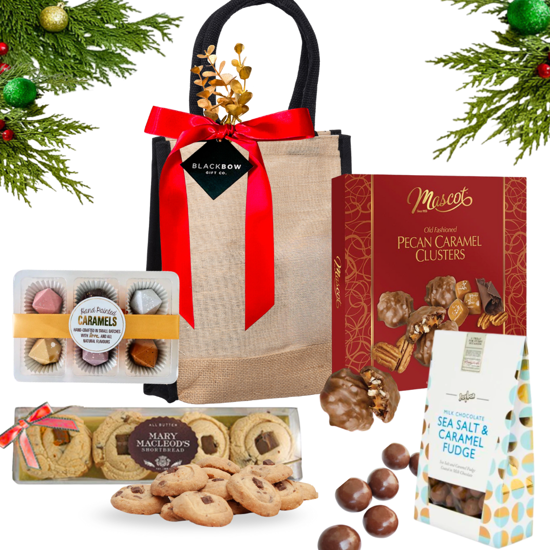 Warm Wishes gourmet gift beautifully arranged in a keepsake jute bag, styled with premium chocolates and elegant festive accents.
