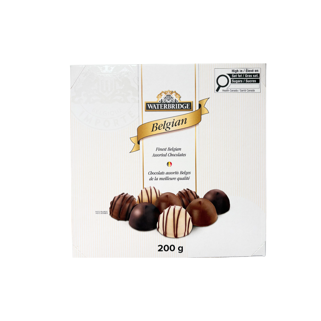 Waterbridge Belgian assorted chocolates in a 200 g box, featuring a selection of milk, dark, and white chocolate pralines, perfect for gift boxes and gourmet chocolate gifts.