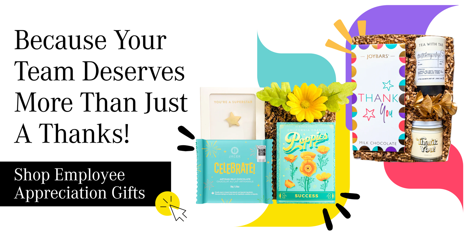 Shop employee appreciation gifts and corporate thank you gifts banner featuring curated gift boxes for teams with chocolate, tea, and premium treats.