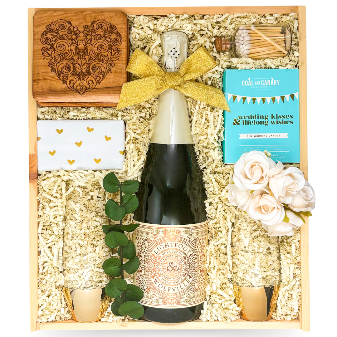 Wedding Wishes luxury wedding gift with champagne flutes, candle and treats by Black Bow Gift Co.
