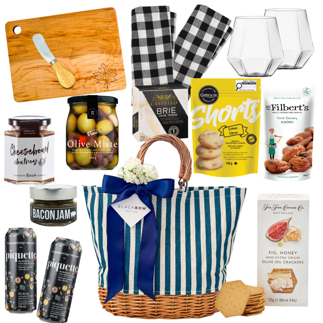 Weekend Picnic gift basket with gourmet snacks, wine glasses and picnic essentials by Black Bow Gift Co.
