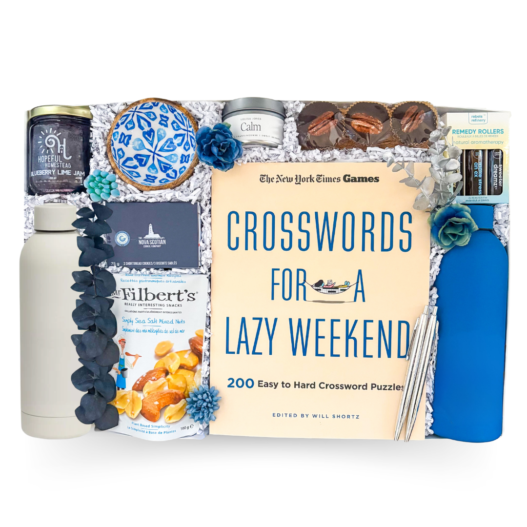 Weekend Rituals luxury cozy gift box featuring gourmet breakfast treats, tea, crossword puzzle book, insulated bottles, towel or throw options, calming self-care items, and relaxing weekend essentials curated by Black Bow Gift Co.