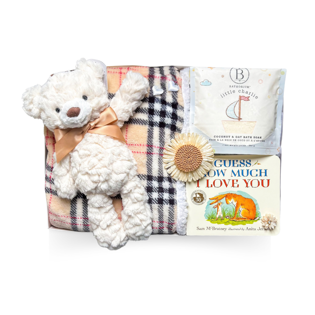 Welcome Baby gift basket with plush teddy bear, baby blanket, storybook and bath soak