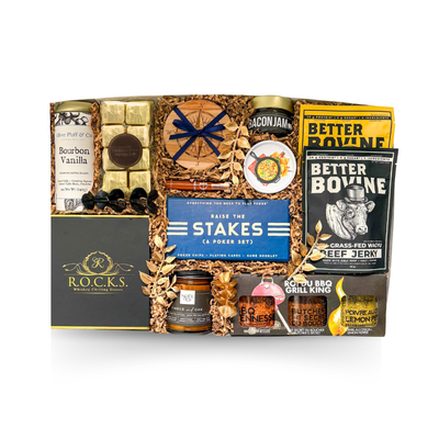 Well Played luxury gift box with cigar set, poker set, whiskey stones, BBQ accessories, coffee and gourmet treats.
