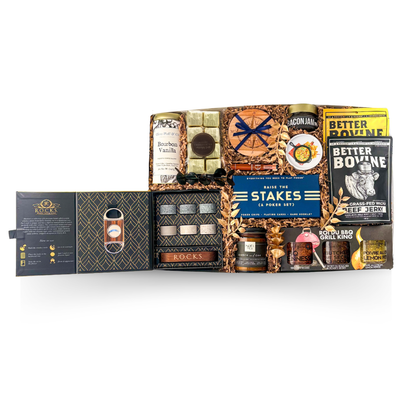 Well Played luxury gift box with cigar set, poker set, whiskey stones, BBQ accessories, coffee and gourmet treats.