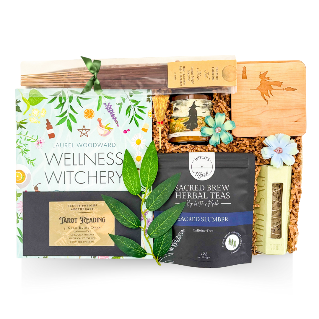 The Wellness Witch Box gift with tarot experience cards, witchy accents, candle, and herbal tea for mystical self-care