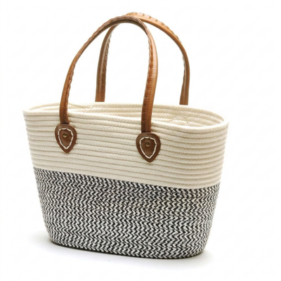 White & Black Rope Bag With Brown Handles
