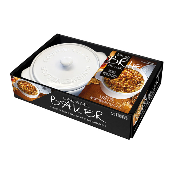 White Ceramic Brie Baker with Maple Walnut Topping Set