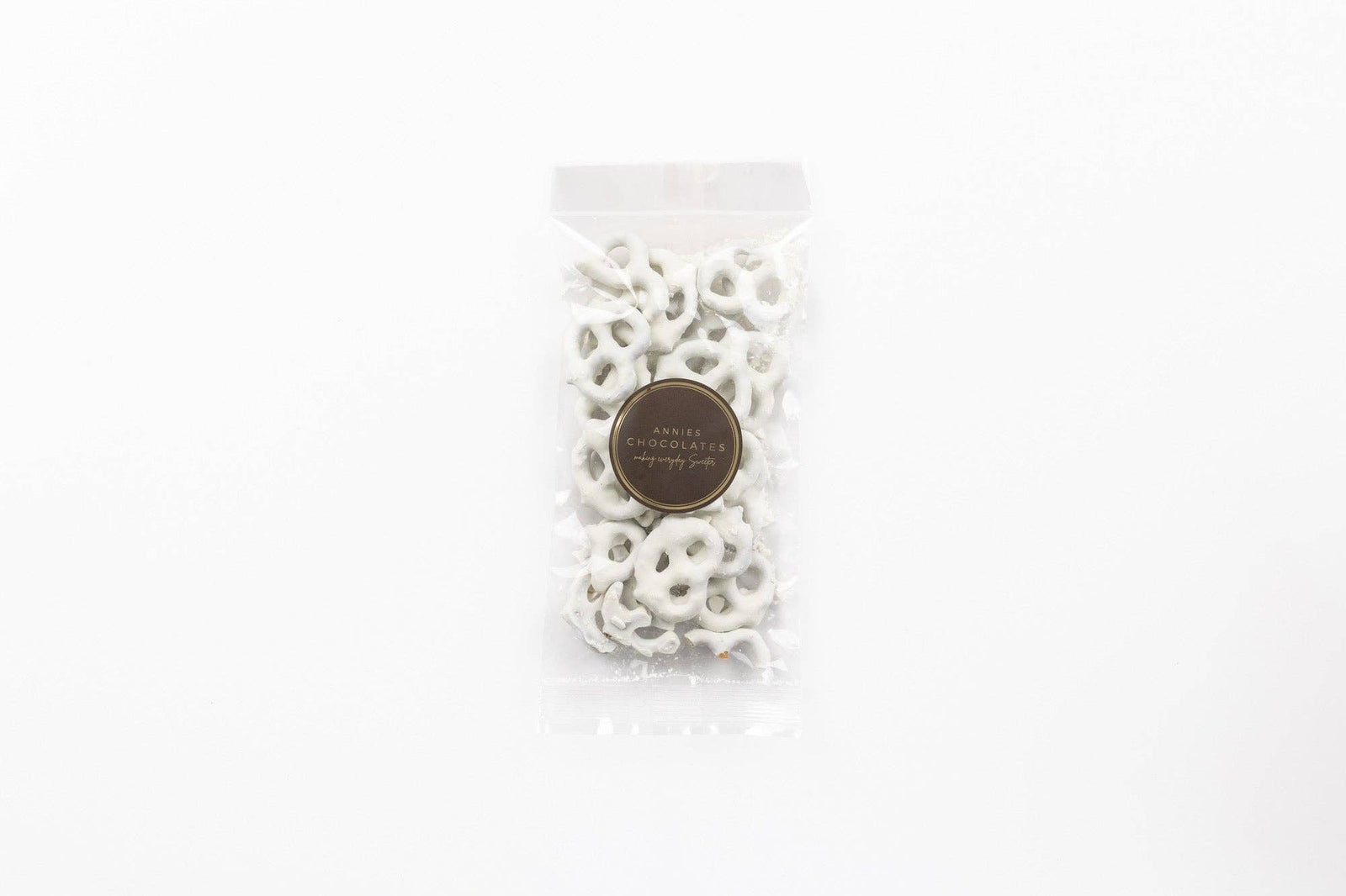 white chocolate covered salted pretzels in bag