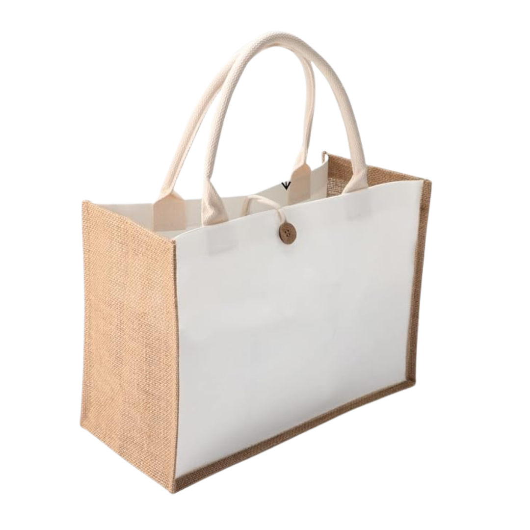 White/Jute Tote wt Button Closure