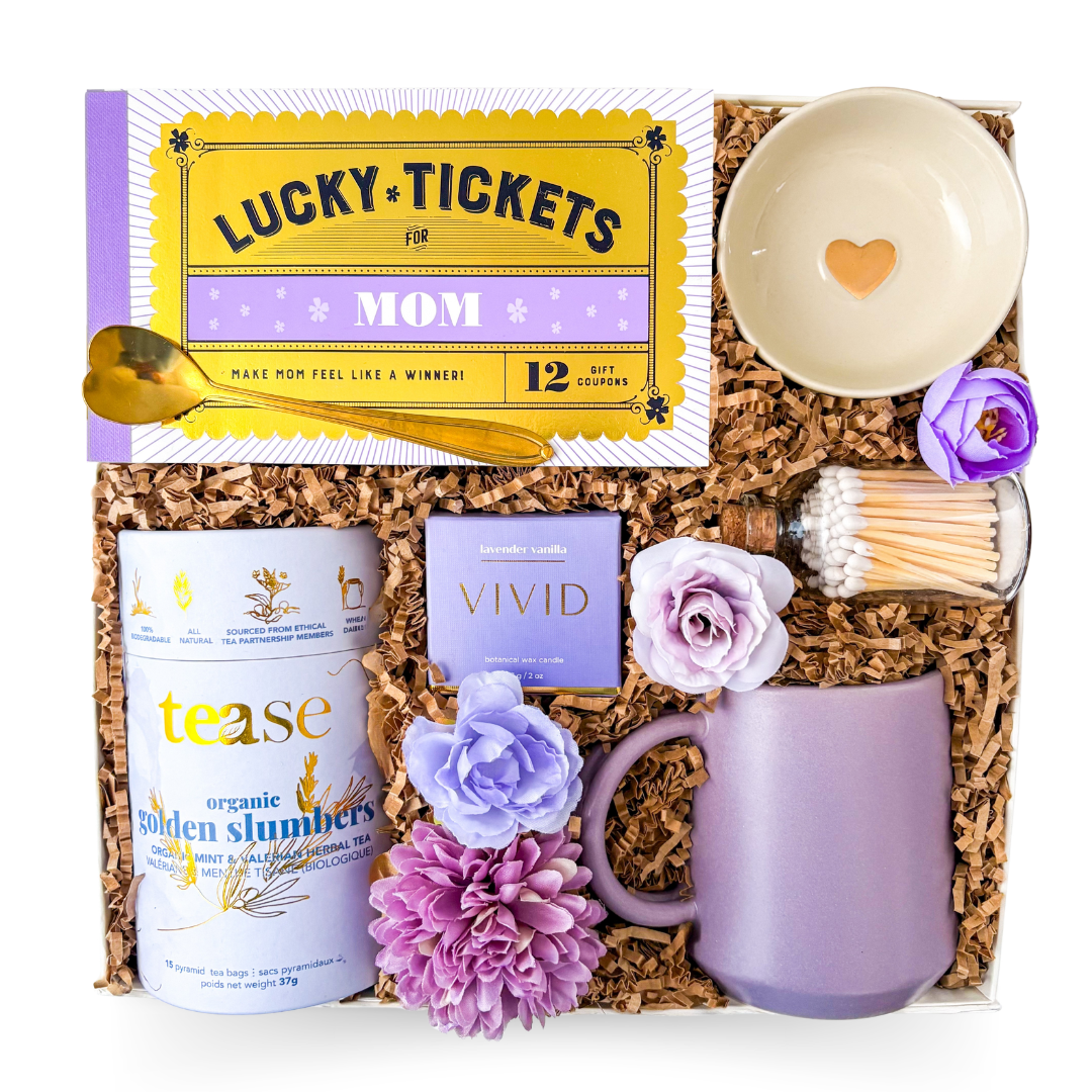 Gift set for mom with a mug, flowers, and 'Lucky Tickets' card on a white background