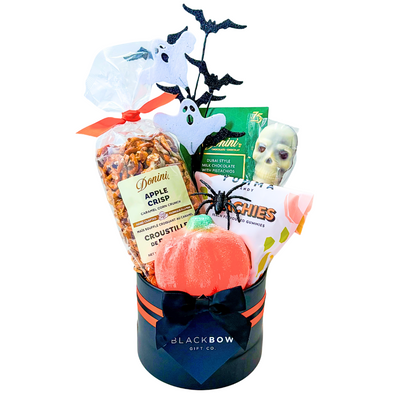 Wickedly Sweet Boo Basket in black keepsake basket with candy, festive treats, and ghostly accents