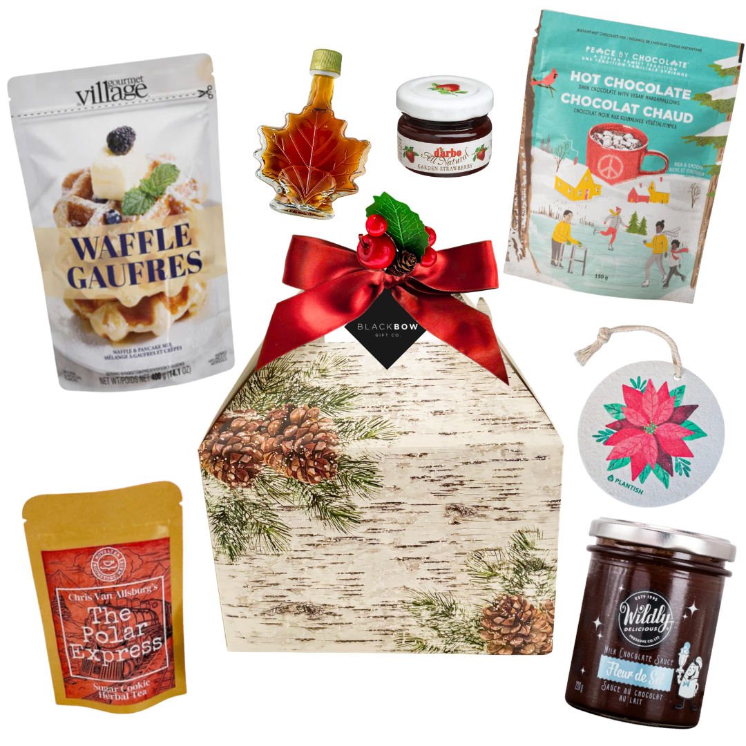 Winter-themed gable box breakfast gift with cozy morning accents and seasonal details.
