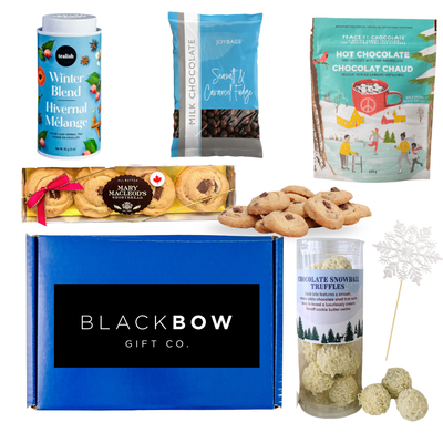 Winter Sweets & Sips gift box with gourmet treats and premium beverages packaged in a sleek mailer box by Black Bow Gift Co.