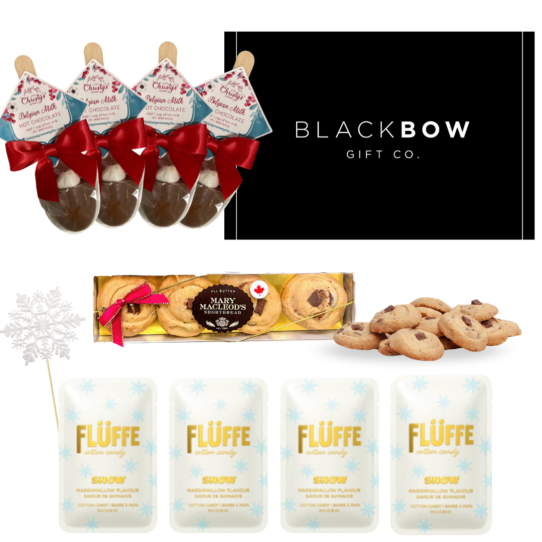Winter Treats gift box with cotton candy, chocolate spoons and shortbread packaged in a sleek mailer box by Black Bow Gift Co.