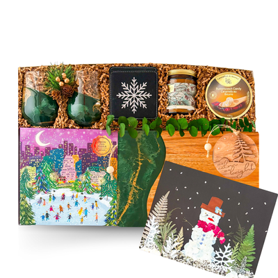 Winter Luxe XL premium holiday gift box with jade and gold glasses, graze board, candle, and snowflake coasters