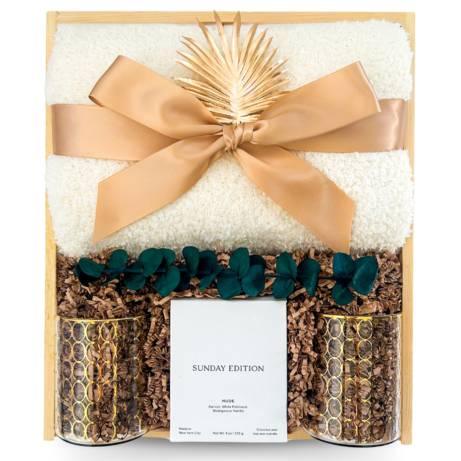 Luxe Escape gift box with premium blanket choice in a keepsake wood box.