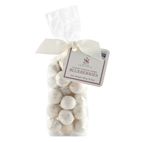 Yogurt freeze-dried blueberries in a clear gift bag, featuring a creamy yogurt coating and crunchy fruit centre.