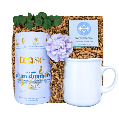 Zen tea and candle gift box with white mug in a small luxury gift box by Black Bow Gift Co.
