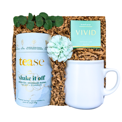 Zen tea and candle gift box with white mug in a small luxury gift box by Black Bow Gift Co.