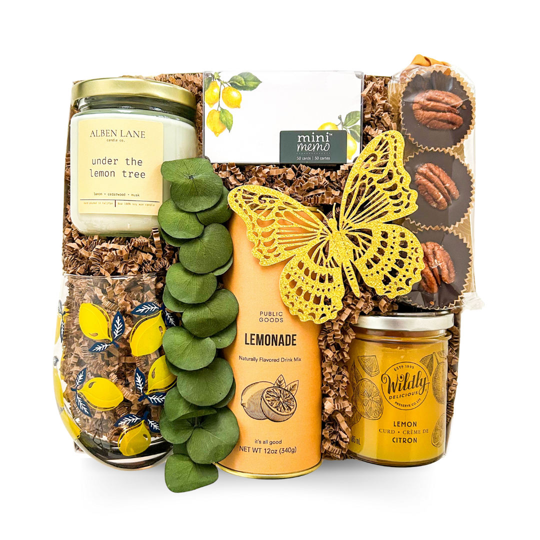 Lemon Gifts, Cheerful Gift Ideas, Bright Gift Baskets, Summer Gifts, Lemon Lover Gifts, Affordable Self-Care Gifts, Natural Soy Candle Gifts, Budget Lemon Gift Box, Gifts for Her, Happy Gifts, Uplifting Gift Box, Zesty Treats Gift