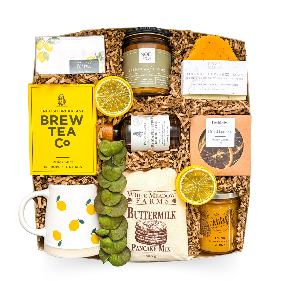 Zest for Life breakfast gift box with tea, pancake mix, maple syrup, lemon mug and gourmet treats in a white keepsake box by Black Bow Gift Co.
