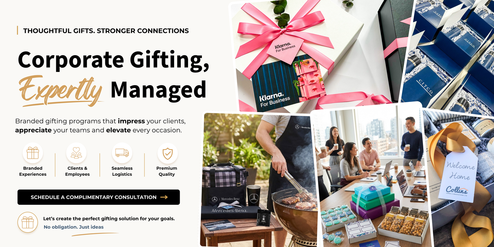 Collage of corporate gifting products and services with text about thoughtful gifts and stronger connections.