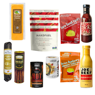 Bold Bites gourmet BBQ gift basket in an army green metal caddy with Joe Beef sauces, gourmet seasonings, cheese, nuts and chocolate treats.