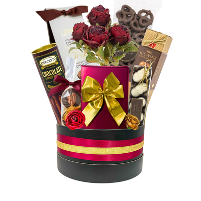 Chocolate Indulgence luxury chocolate gift basket with gourmet chocolates, truffles and optional burgundy faux rose arrangement