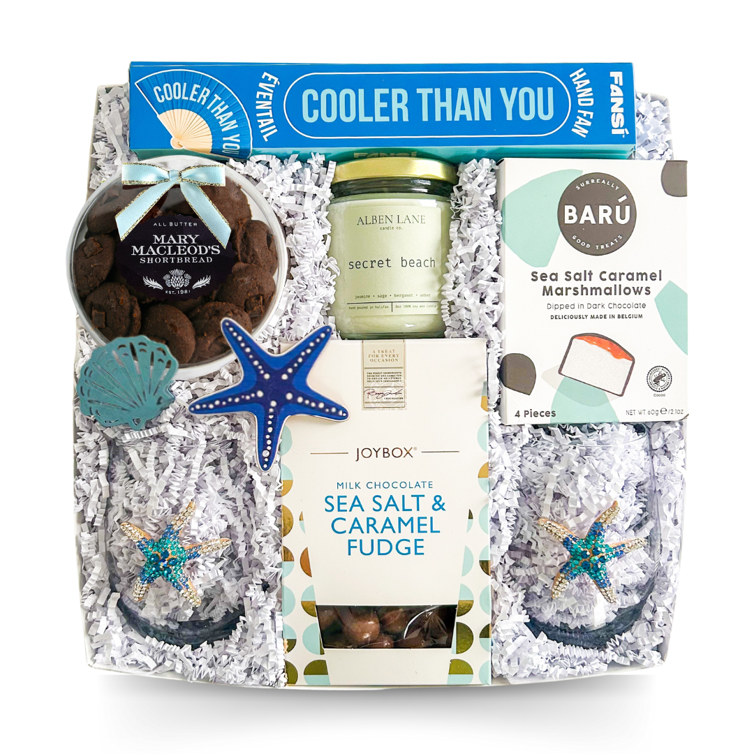 Beach Gift Box, Coastal Gift Basket, Summer Gift Box, Wine Lover Gift, Relaxation Gift, Chocolate Gift Set, Halifax Gift Delivery, Dartmouth Gift Delivery, Bedford Gift Delivery, Canadian Gift Box, Sea-Inspired Gift, Spa Gift Basket, Candle Gift Box, Coastal Vibes Gift, Elegant Summer Gift, Gourmet Gift Basket, Chocolate and Candle Gift, Wine Gift Box for Her