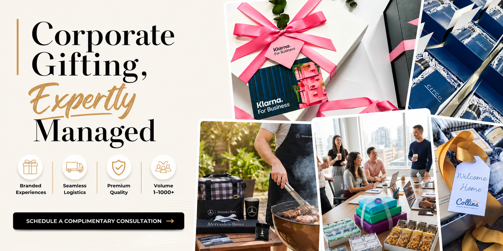 Promotional graphic for a corporate gifting service, featuring the text 'Corporate Gifting, Expertly Managed' alongside a collage of gift boxes, branded cards, and event catering scenes.