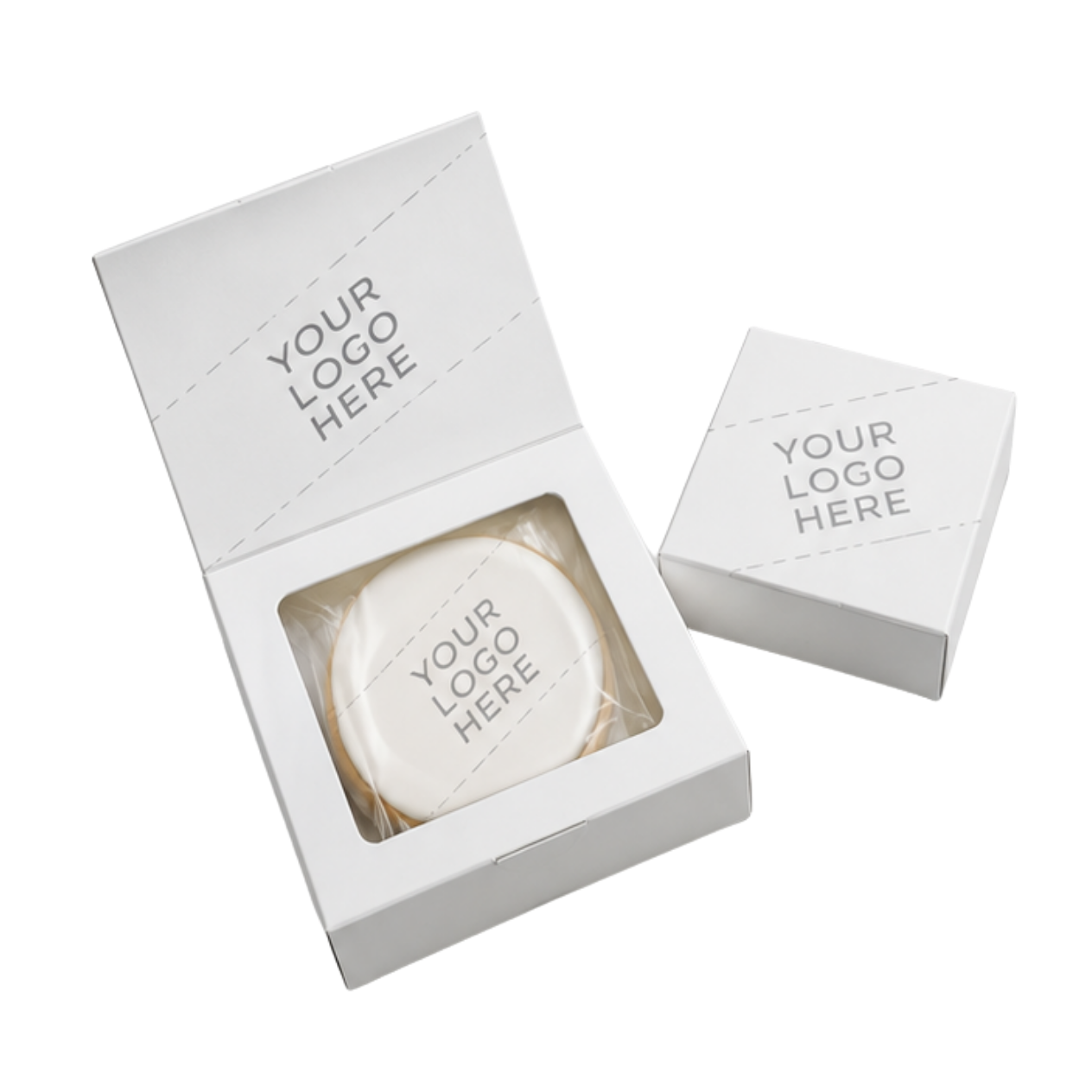 Two shortbread cookies featuring a custom logo, packaged in a fully branded box with a full-colour imprint of your choice.