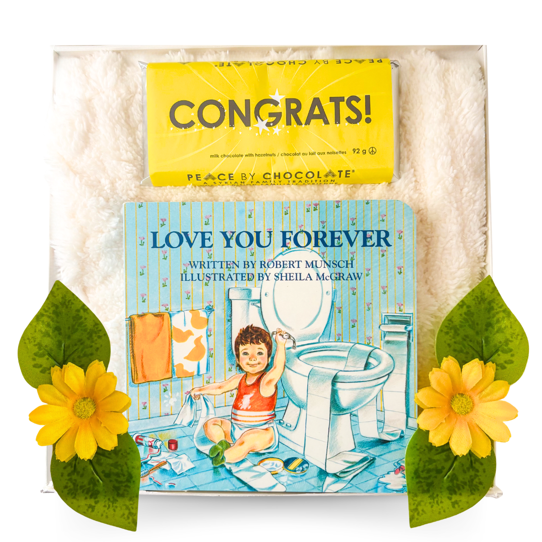 Forever Loved baby gift box with sherpa blanket, classic storybook and chocolate in a magnetic keepsake box by Black Bow Gift Co.