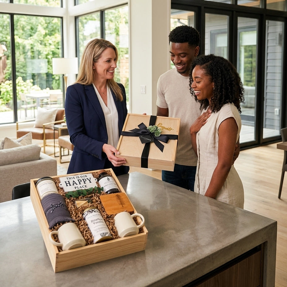 Three people standing in a bright modern home receiving a gift box from a woman, while a coffee gift set sits on a kitchen island in the foreground. The gift box is wrapped in kraft paper with a black ribbon, and the coffee set includes mugs, towels, and a wooden tray.